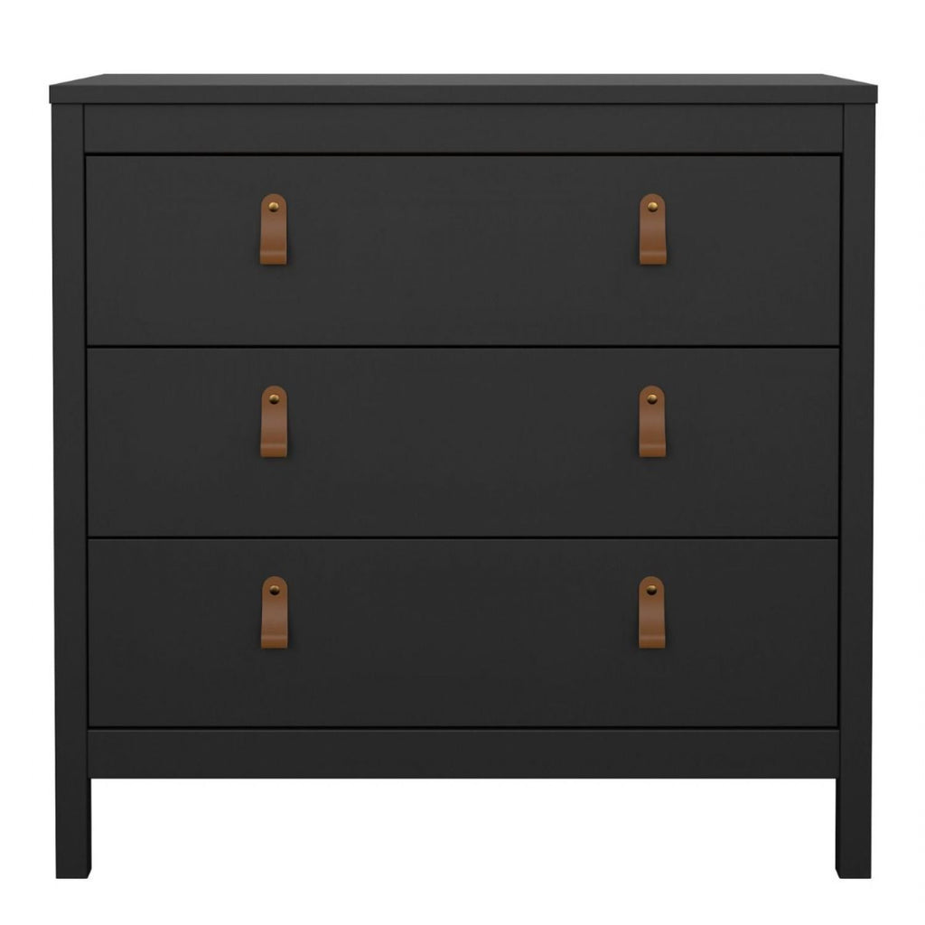Black Chest of 3 Drawers with Brown Leather Tab Handles