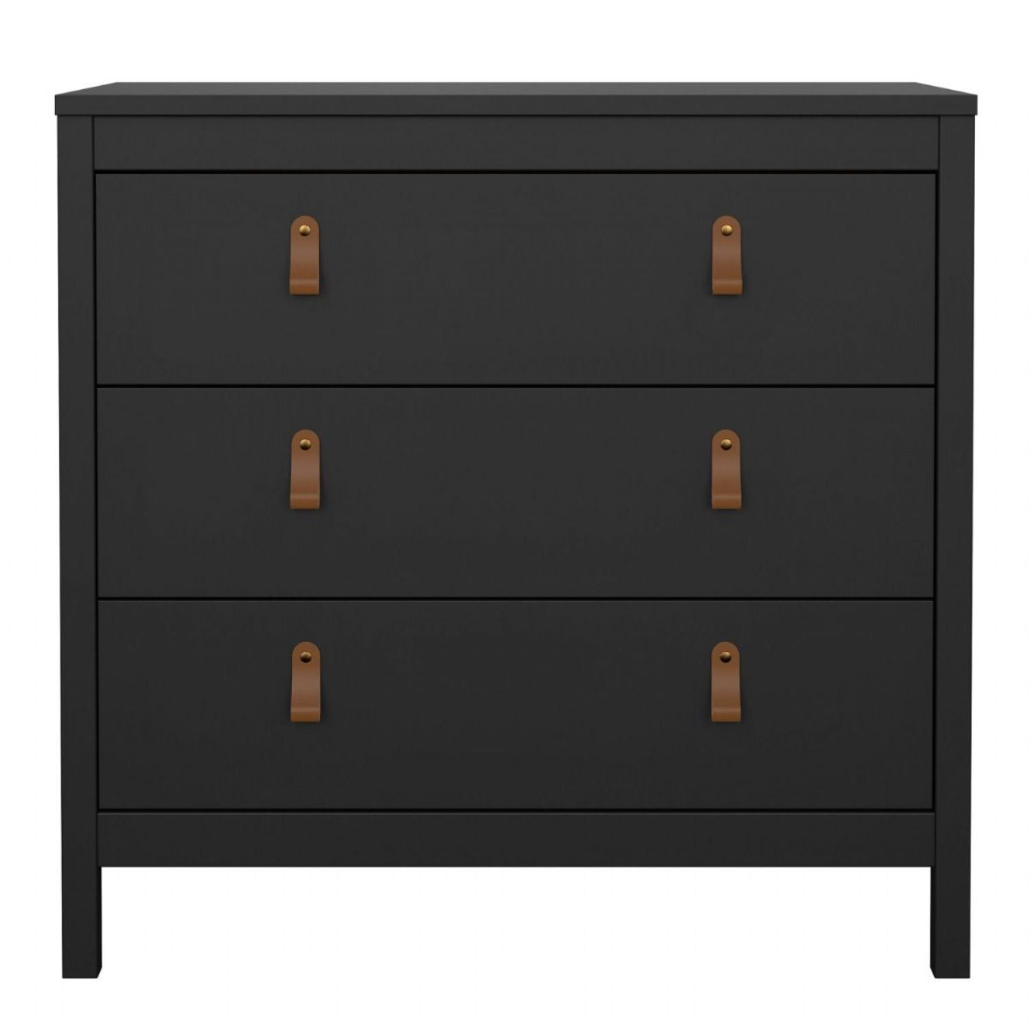 Black Chest of 3 Drawers with Brown Leather Tab Handles