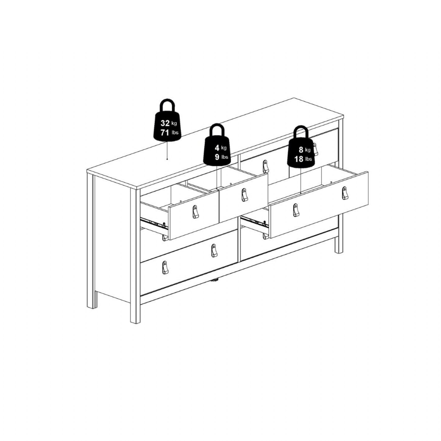 White Wide 8 Drawer Chest of Drawers Brown Tab Handles