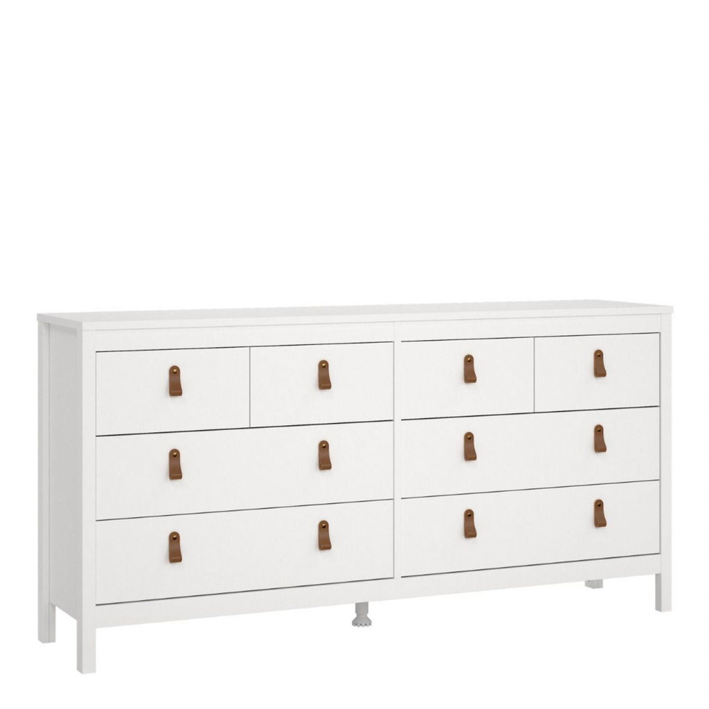 White Wide 8 Drawer Chest of Drawers Brown Tab Handles