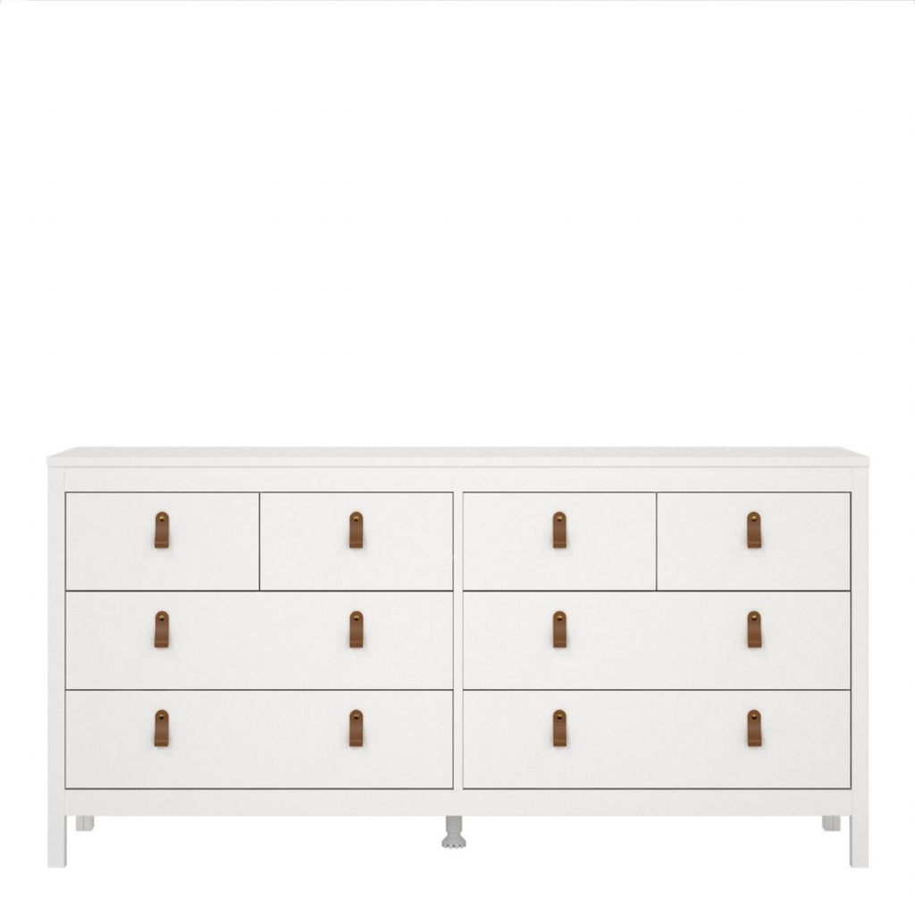 White Wide 8 Drawer Chest of Drawers Brown Tab Handles