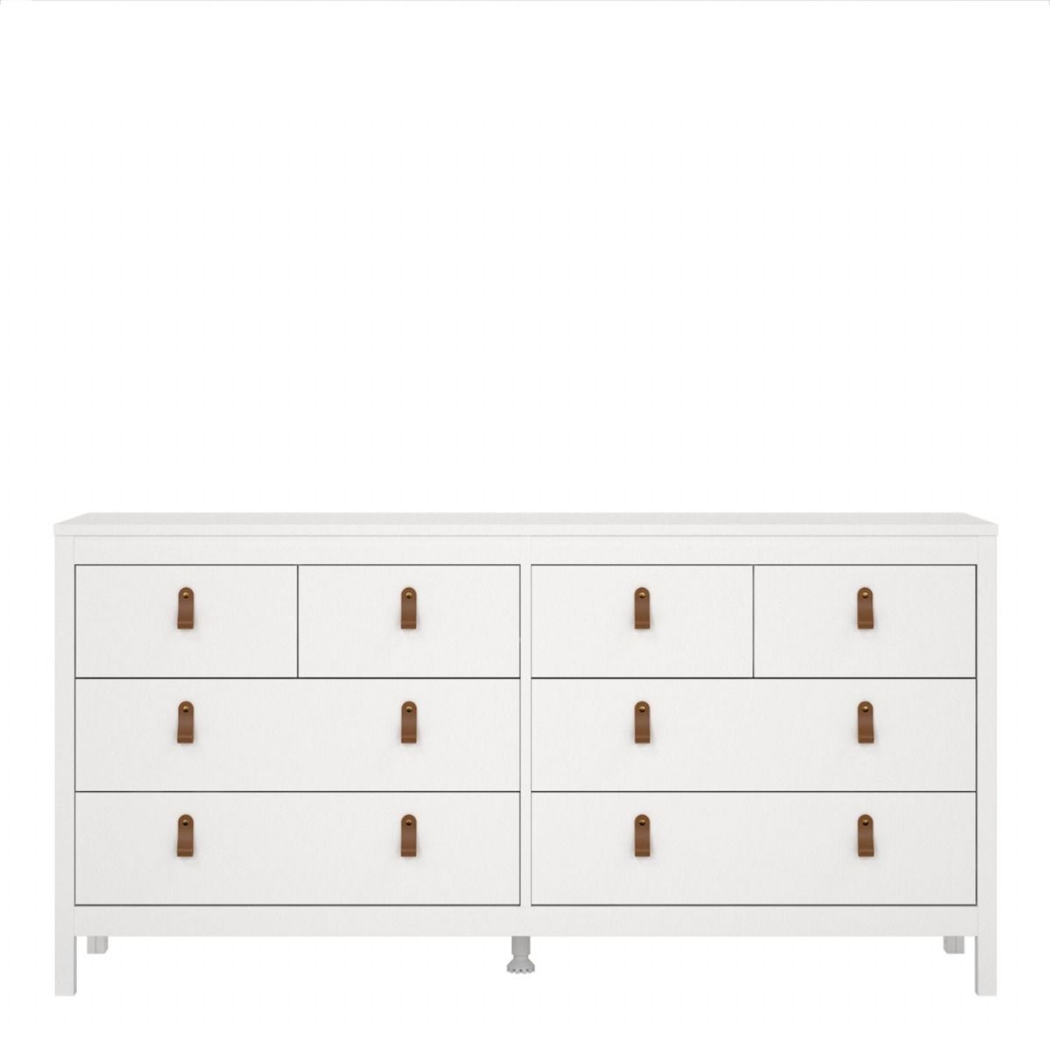 White Wide 8 Drawer Chest of Drawers Brown Tab Handles