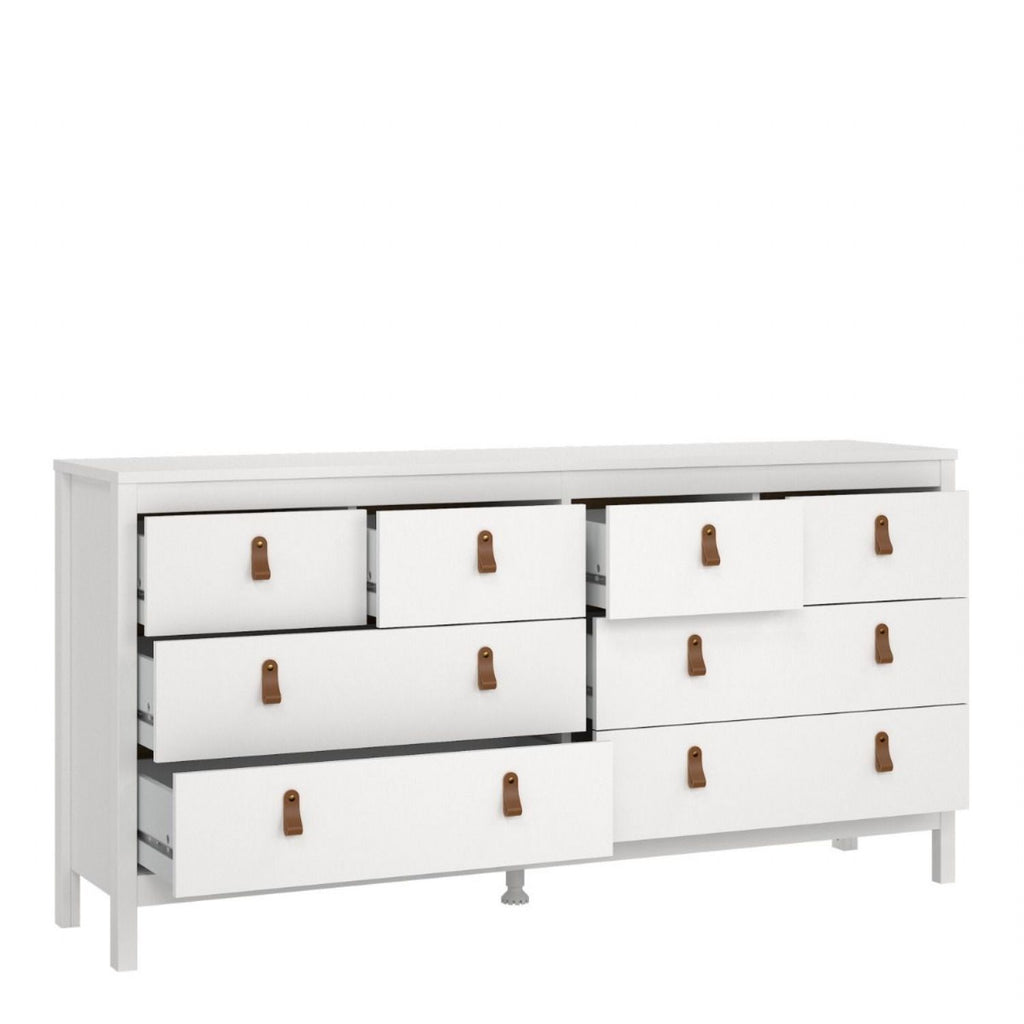 White Wide 8 Drawer Chest of Drawers Brown Tab Handles