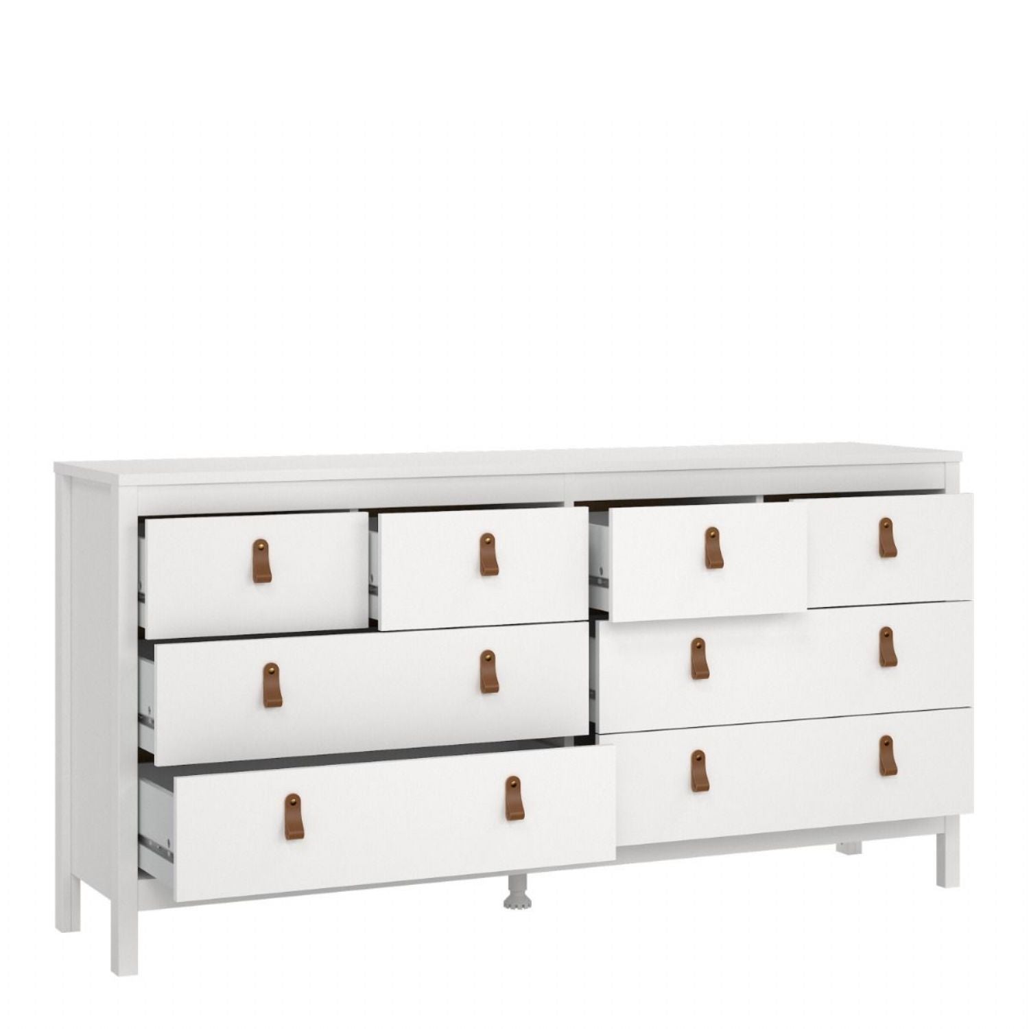 White Wide 8 Drawer Chest of Drawers Brown Tab Handles