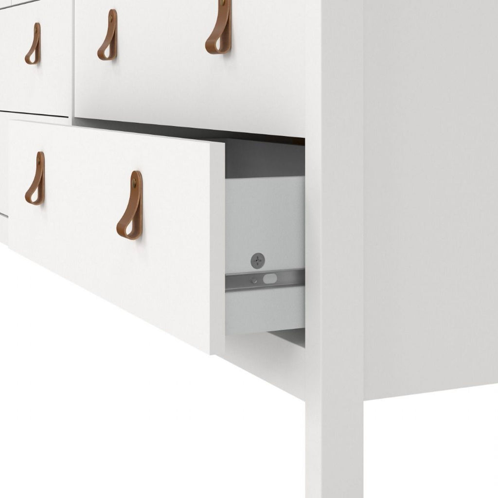 White Wide 8 Drawer Chest of Drawers Brown Tab Handles