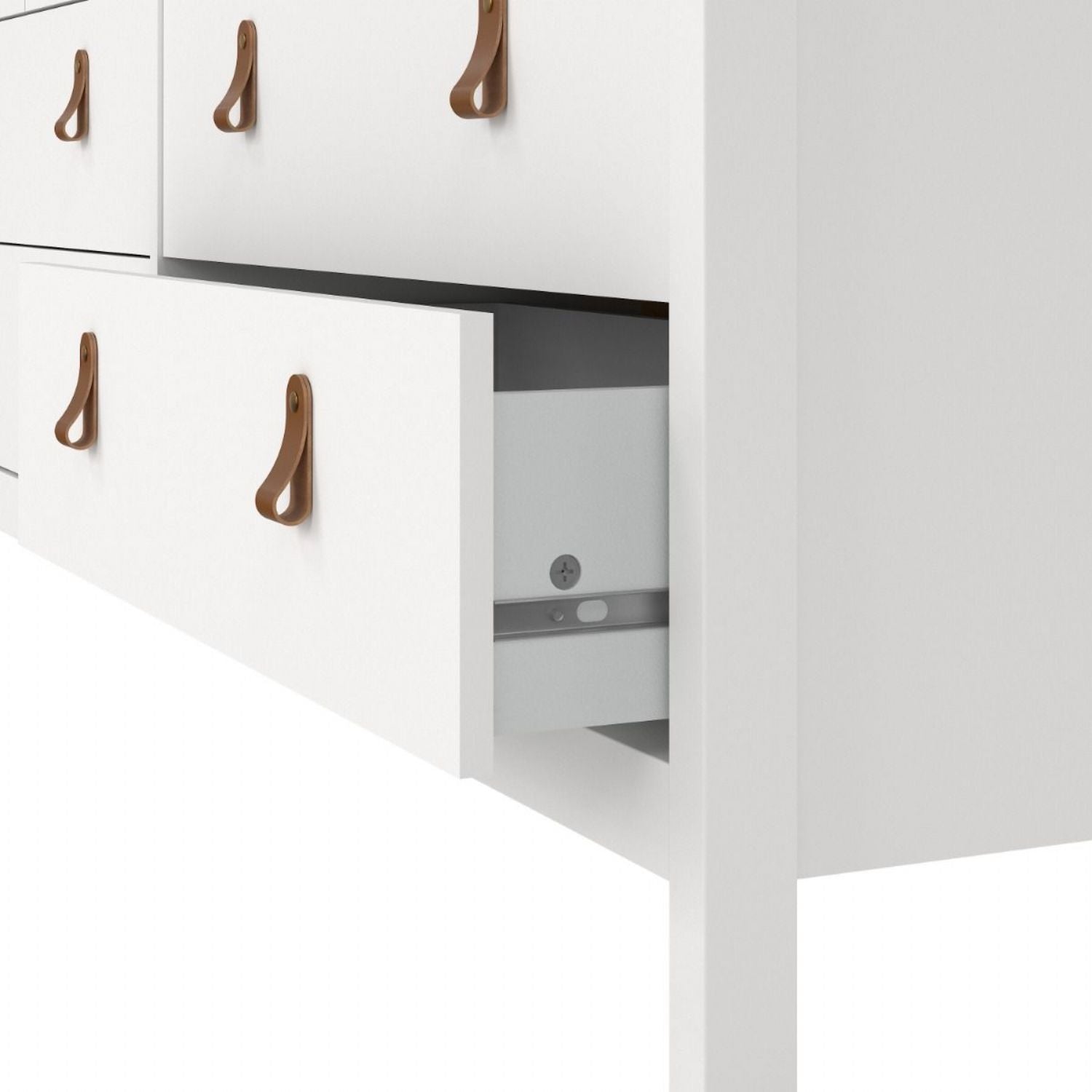 White Wide 8 Drawer Chest of Drawers Brown Tab Handles