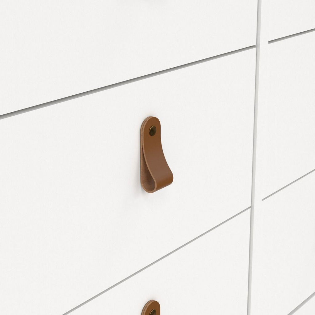 White Wide 8 Drawer Chest of Drawers Brown Tab Handles