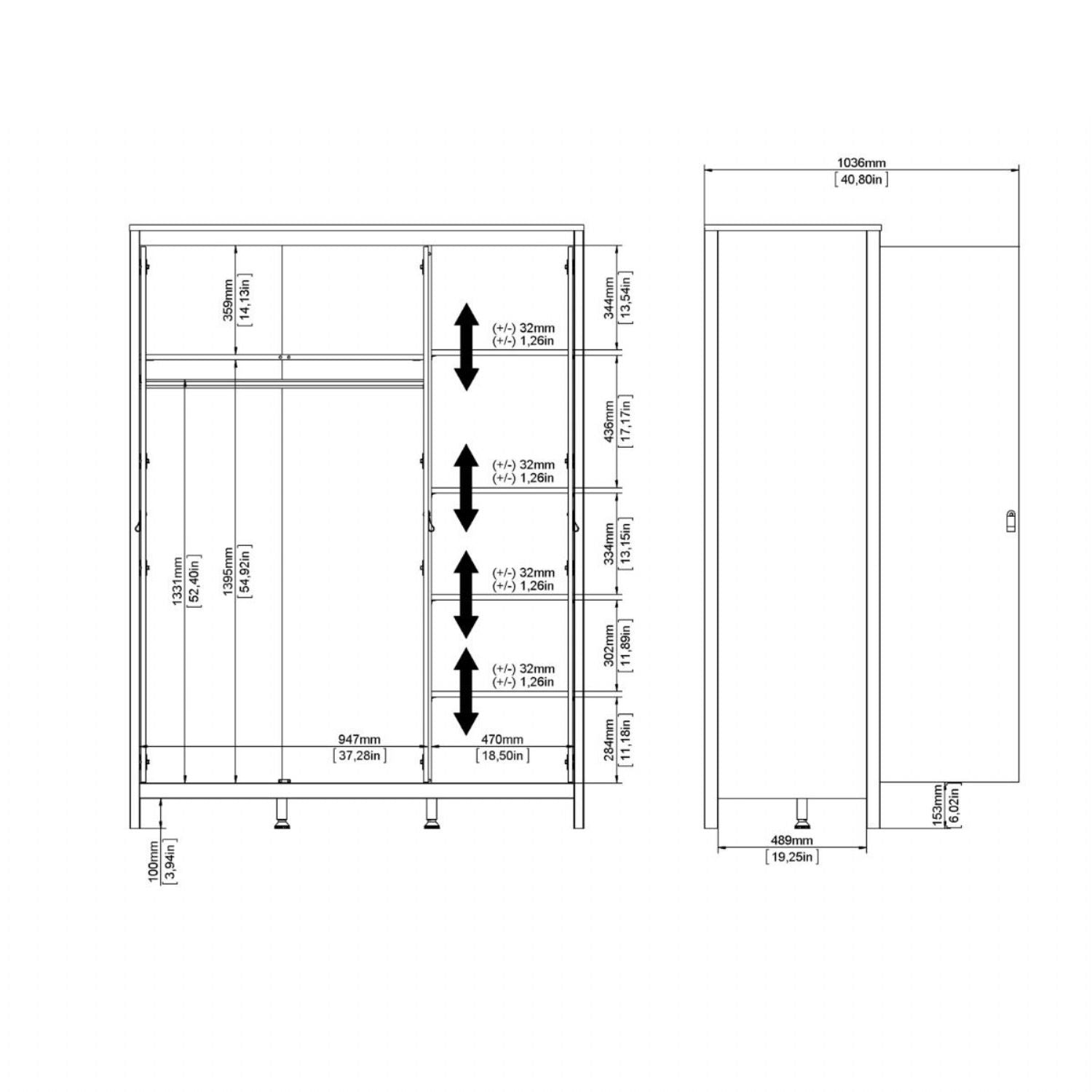 Matt Black 3 Door Wardrobe With Brown Leather Tab Handles