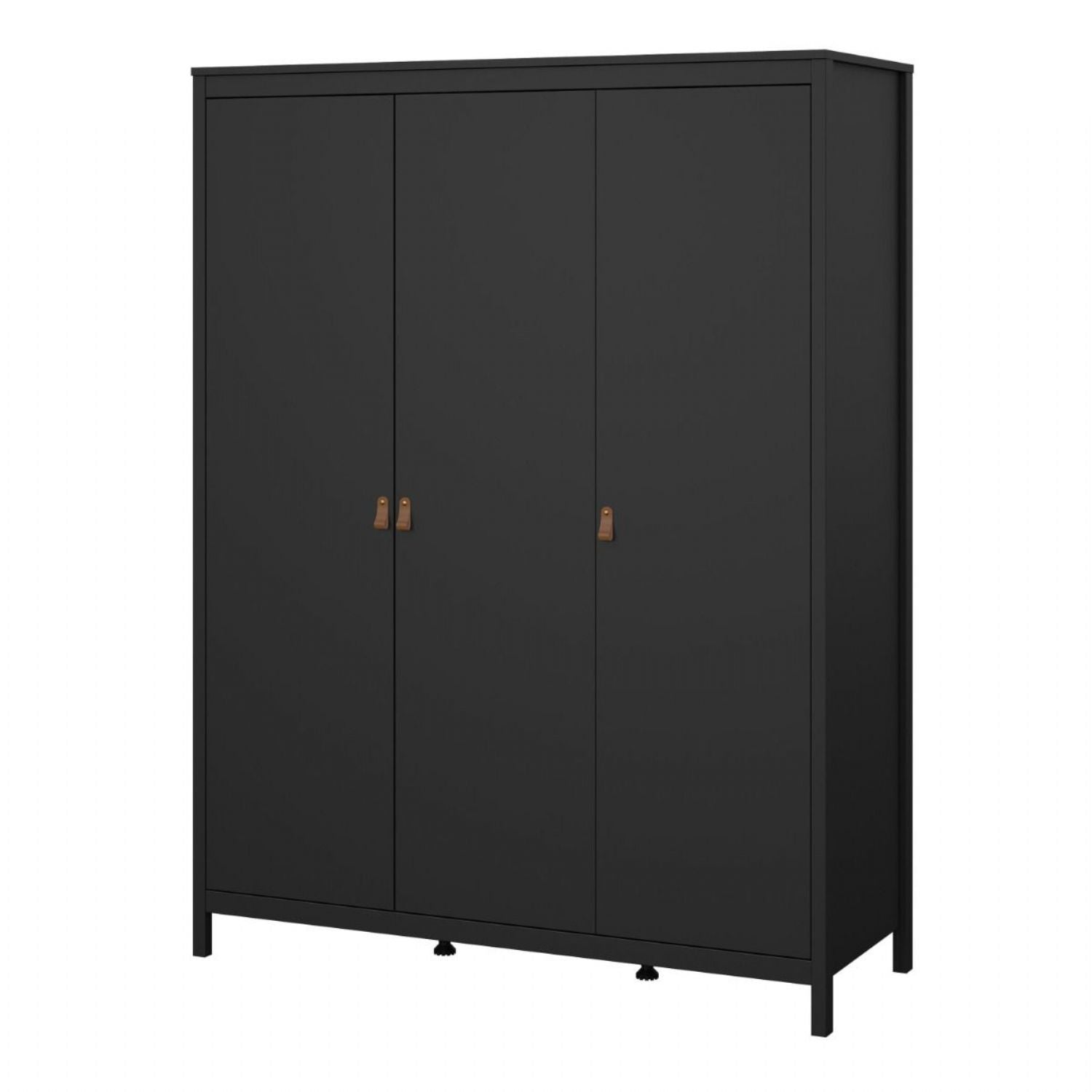 Matt Black 3 Door Wardrobe With Brown Leather Tab Handles