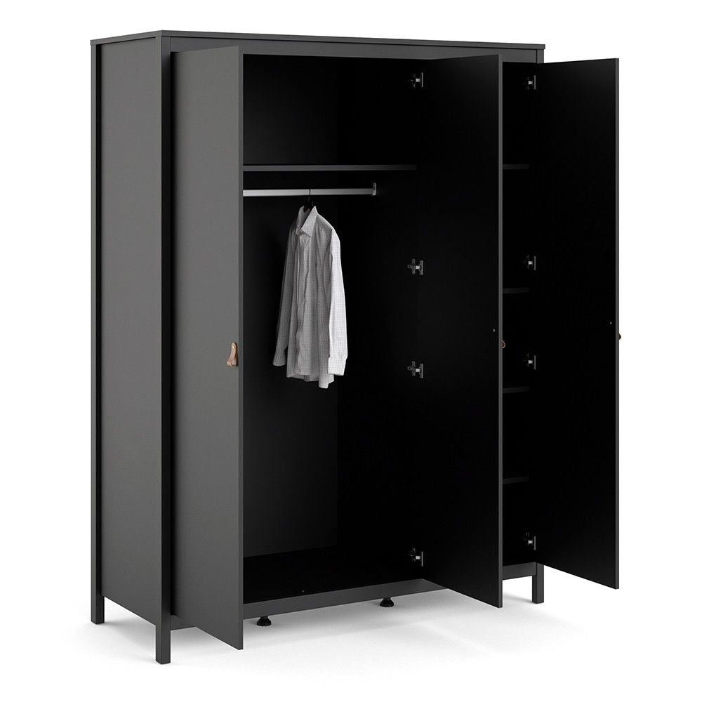 Matt Black 3 Door Wardrobe With Brown Leather Tab Handles