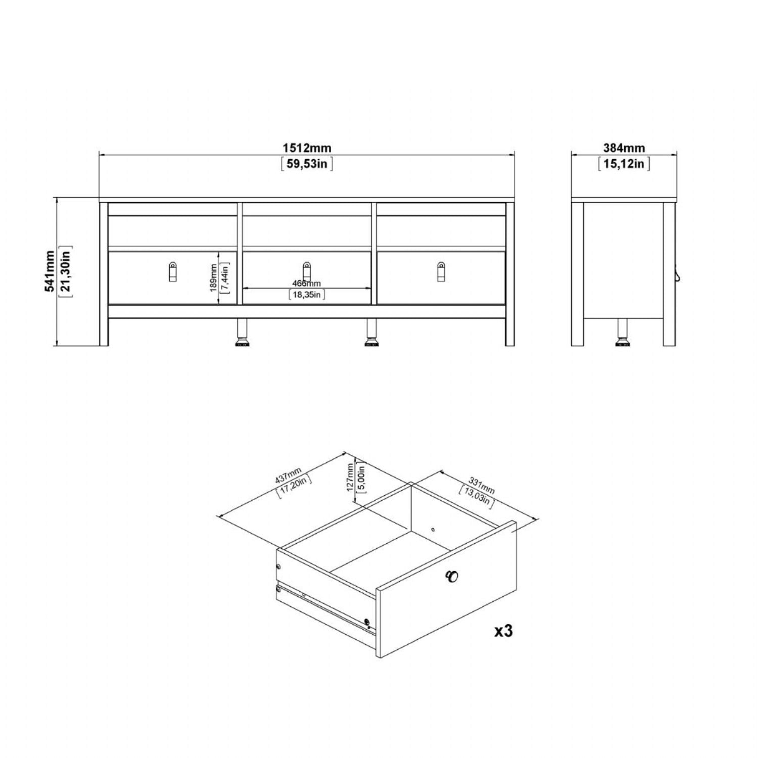 White Wooden Large 3 Drawer TV Unit with Brown Leather Tab Handles