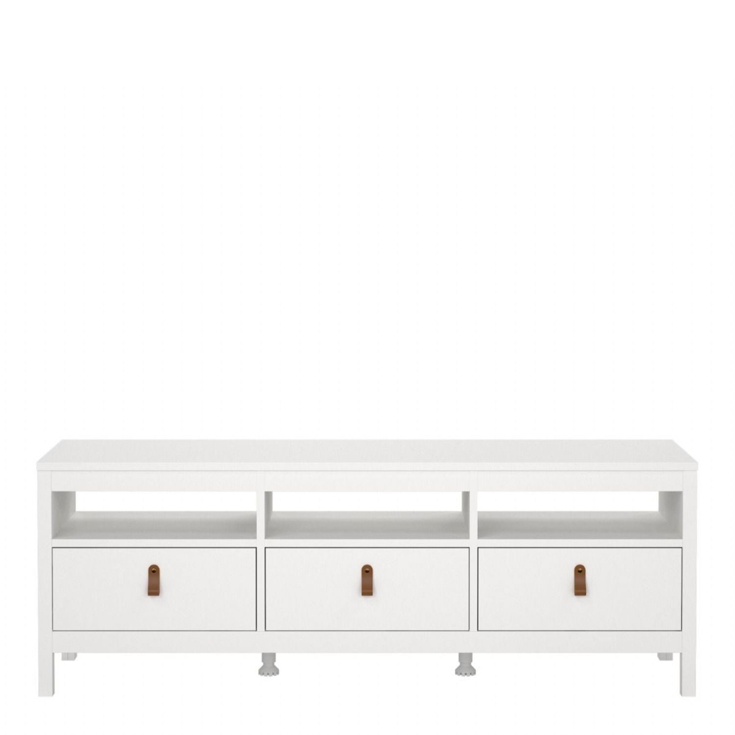 White Wooden Large 3 Drawer TV Unit with Brown Leather Tab Handles