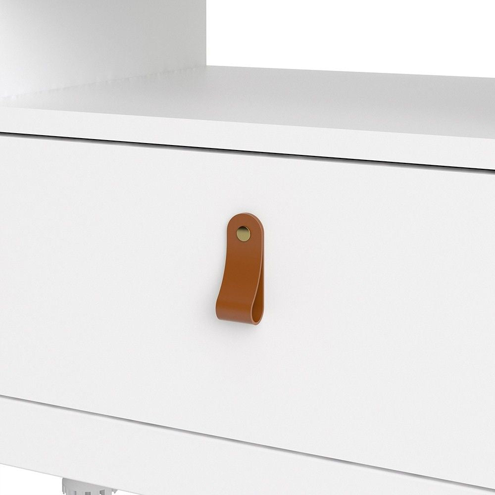 White Wooden Large 3 Drawer TV Unit with Brown Leather Tab Handles