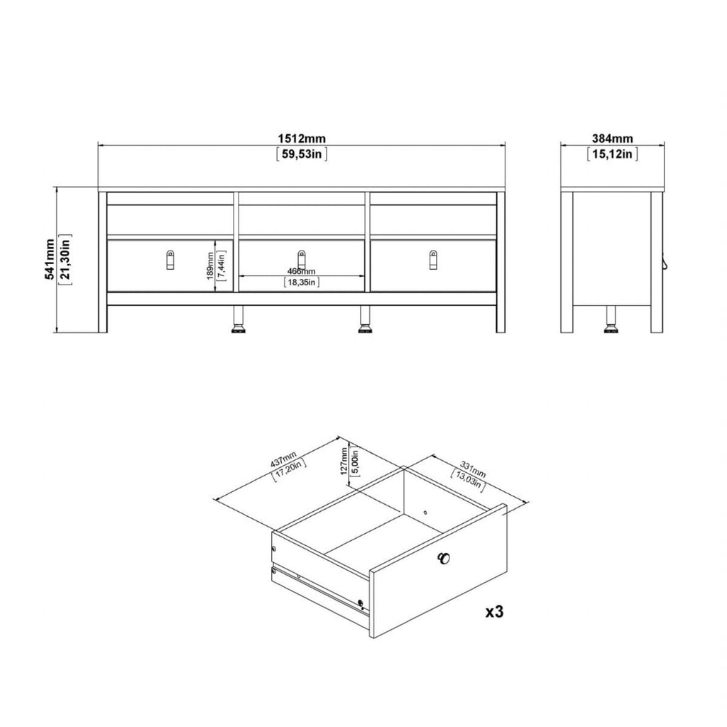 Traditional Matt Black 3 Drawer TV Unit With Brown Leather Tab Handles