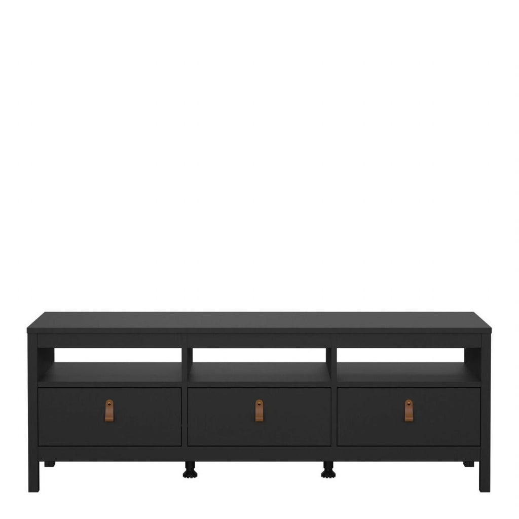 Traditional Matt Black 3 Drawer TV Unit With Brown Leather Tab Handles