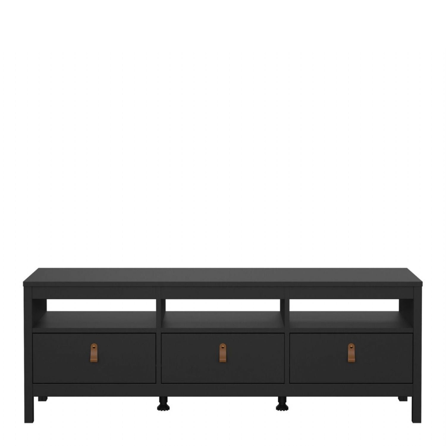Traditional Matt Black 3 Drawer TV Unit With Brown Leather Tab Handles