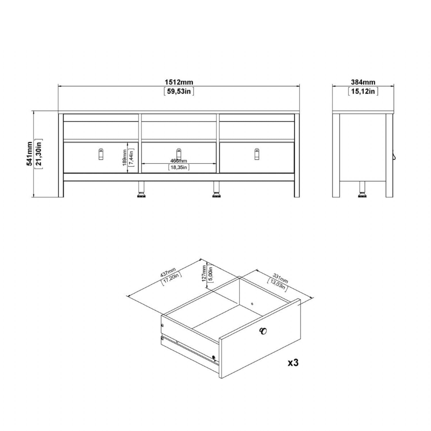 Barcelona TVUnit 3 Drawers in Jackson Hickory Oak