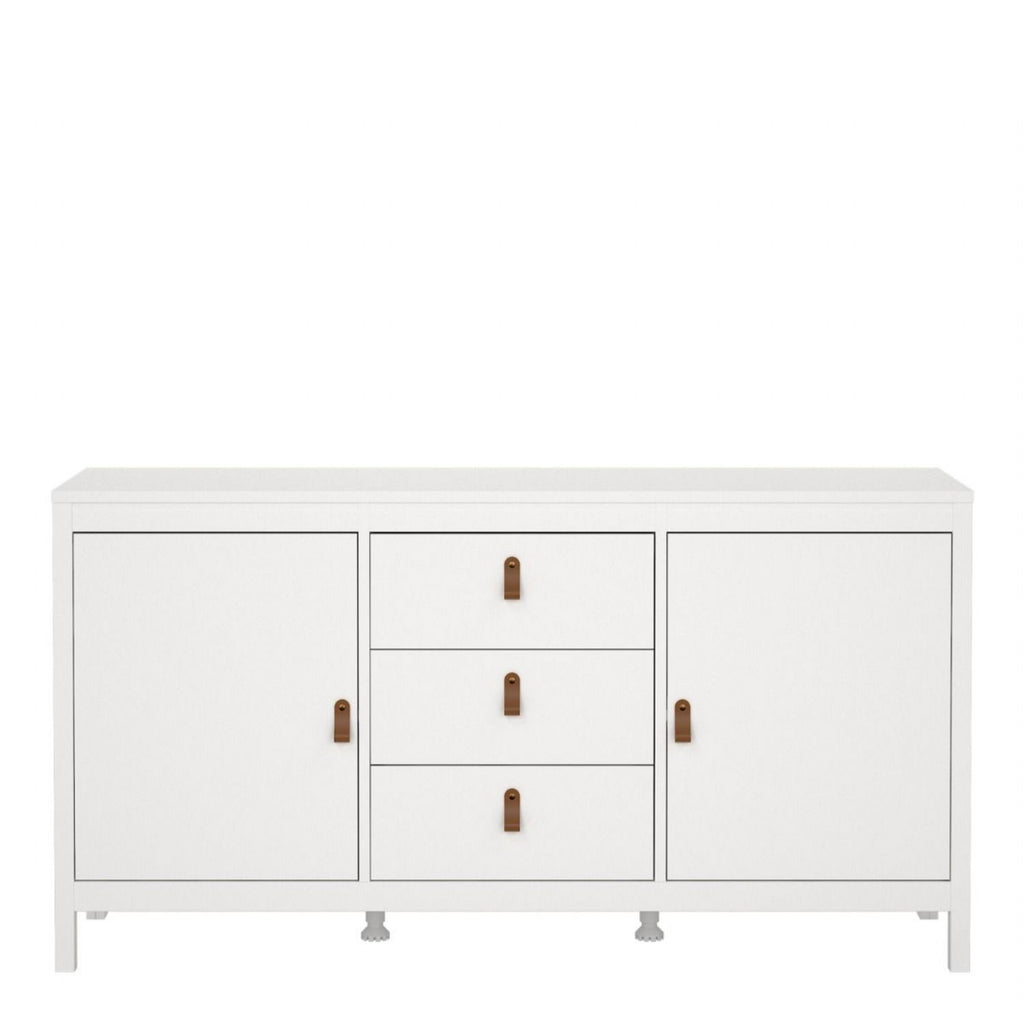 Wide White 2 Door 3 Drawer Sideboard With Brown Leather Tab Handles