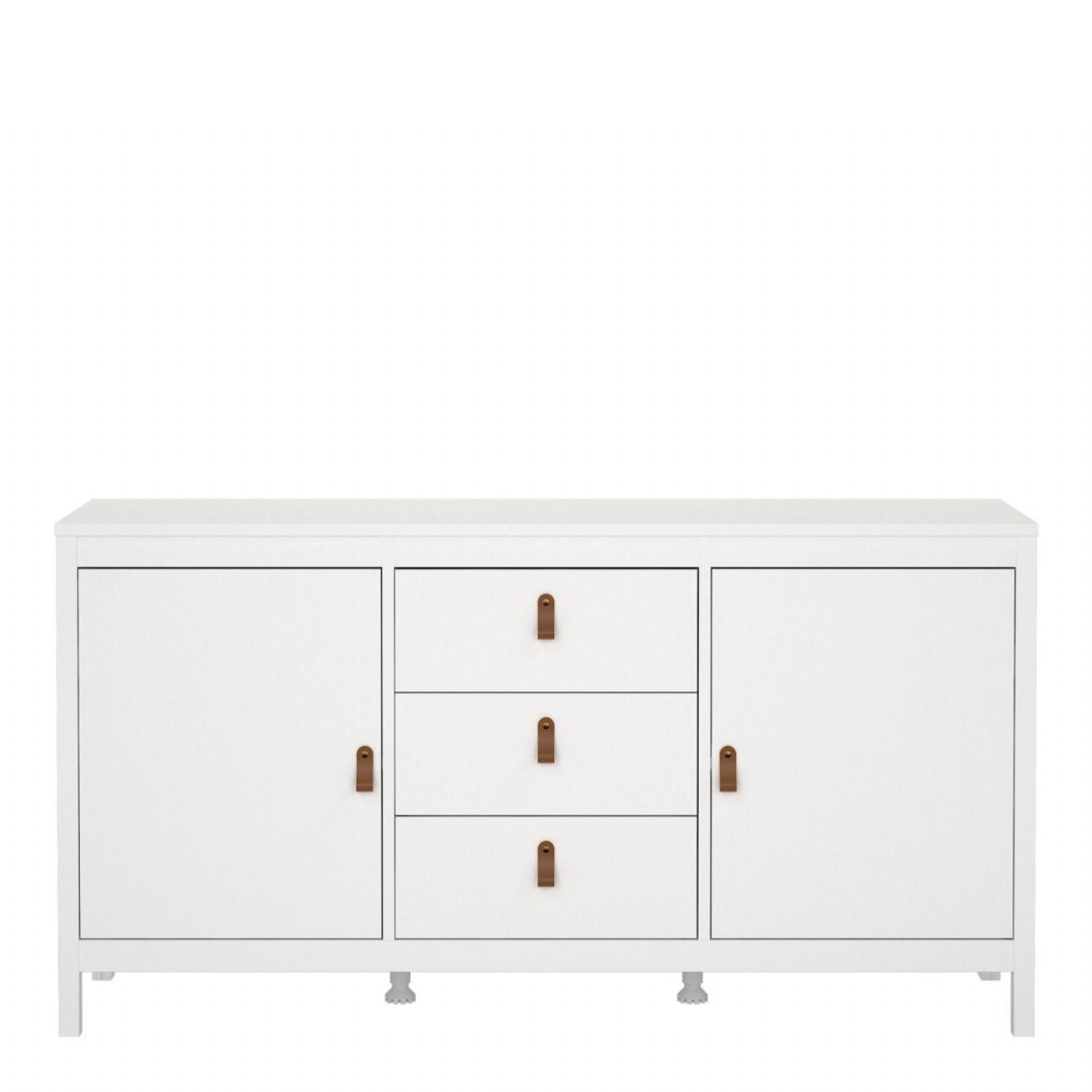 Wide White 2 Door 3 Drawer Sideboard With Brown Leather Tab Handles