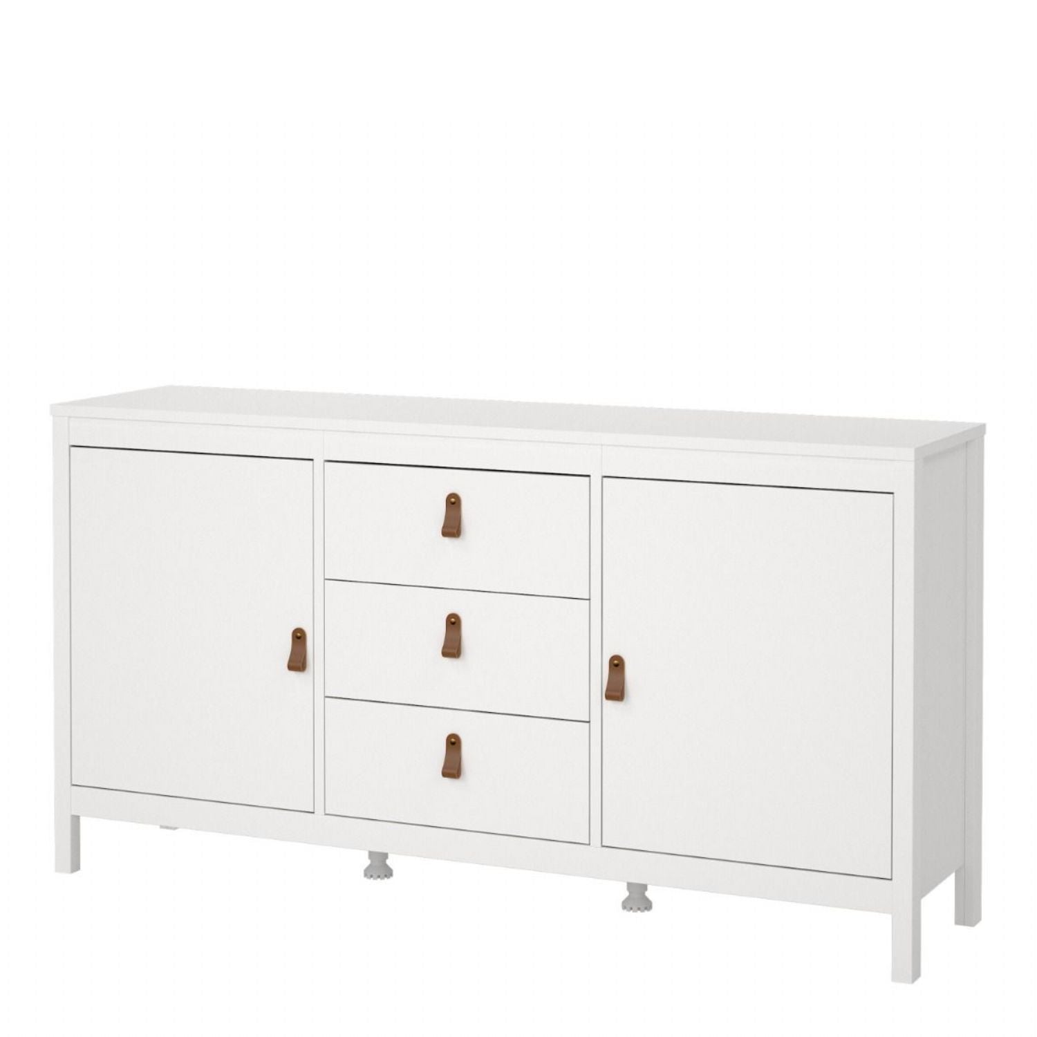 Wide White 2 Door 3 Drawer Sideboard With Brown Leather Tab Handles