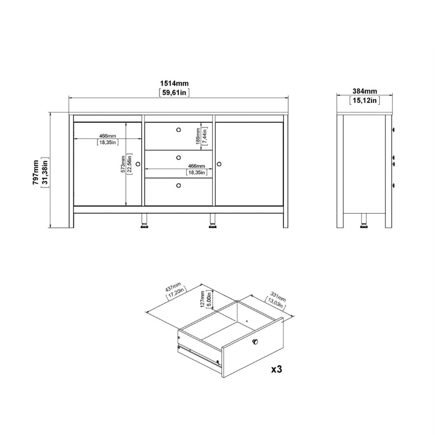 Matt Black 2 Door And 3 Drawer Sideboard With Leather Tab Handles