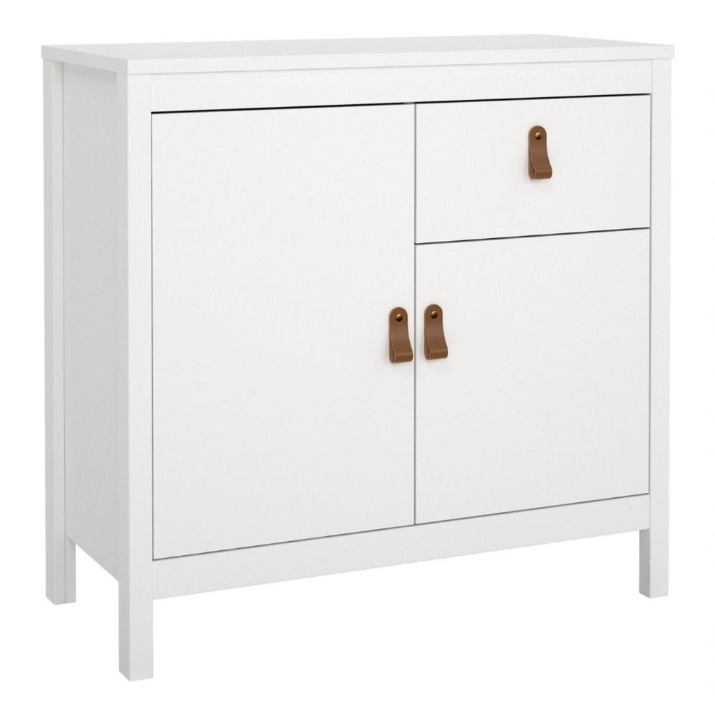 White 2 Door and 1 Drawer Sideboard With Brown Leather Tab Handles
