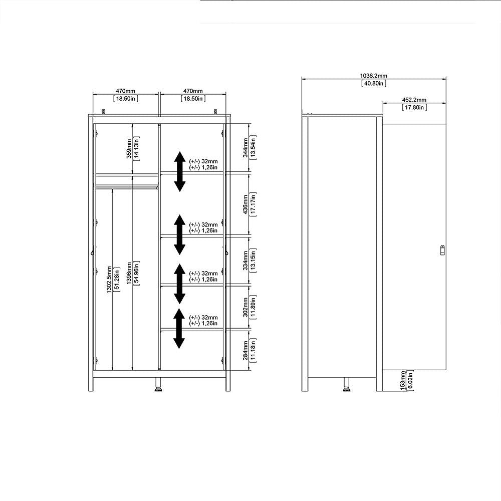 Matt Black 2 Door Double Wardrobe Brown Leather Tab Handles