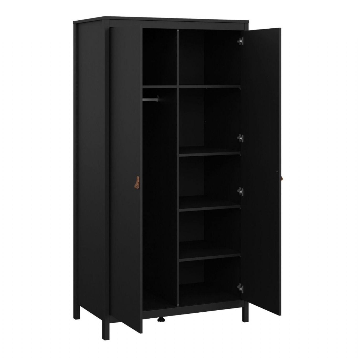 Matt Black 2 Door Double Wardrobe Brown Leather Tab Handles