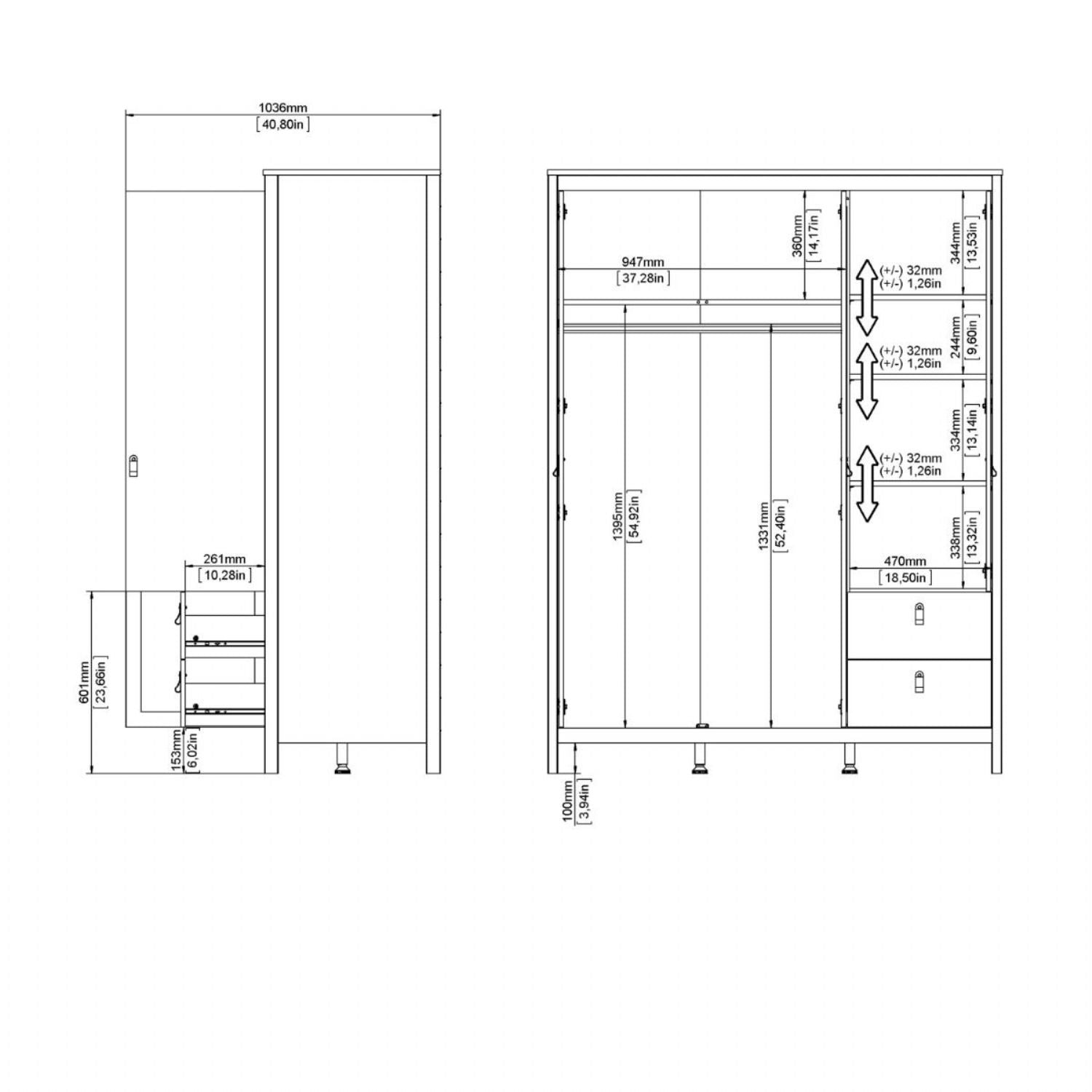 Madrid Wardrobe with 2 doors 1 mirror door + 2 drawers White