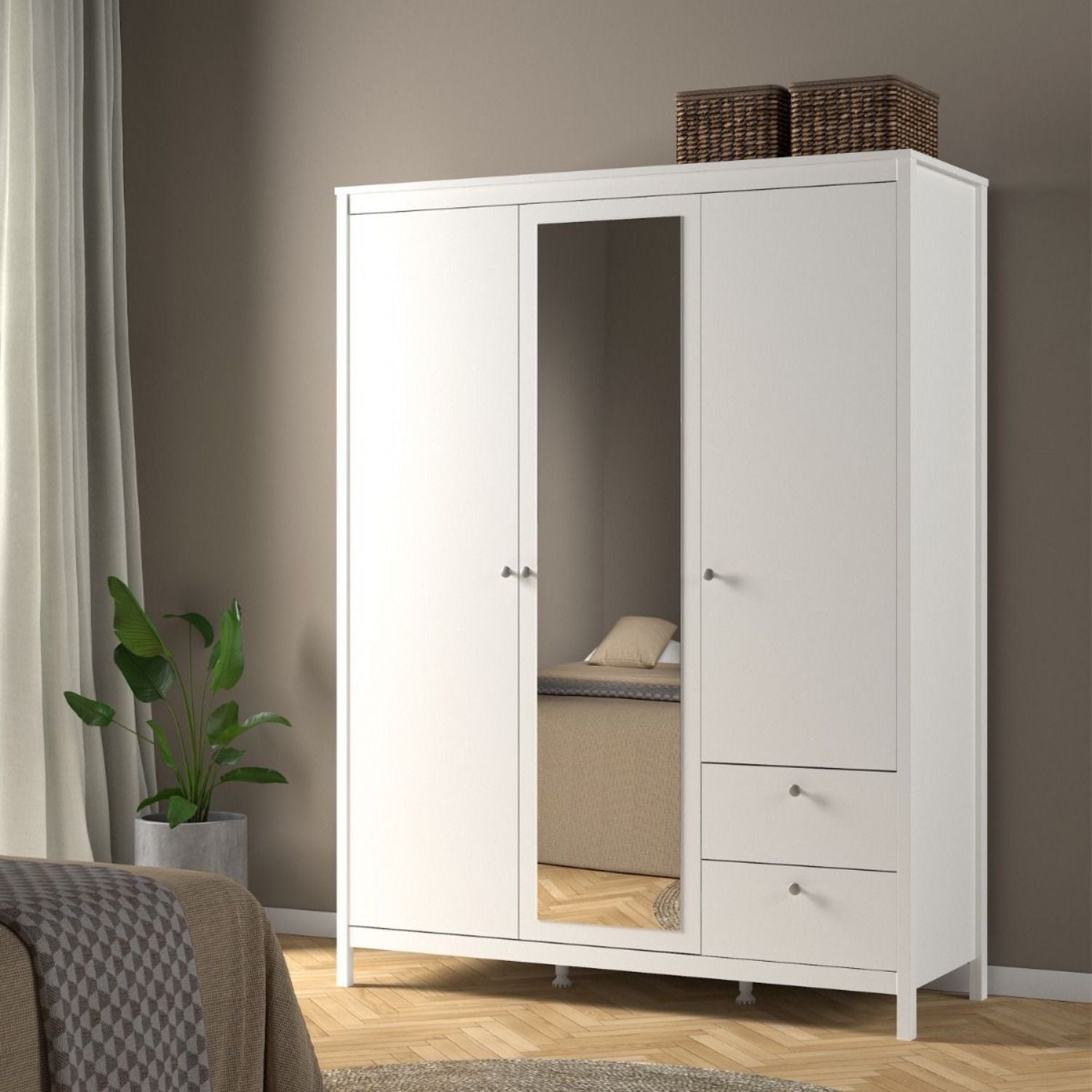 Madrid Wardrobe with 2 doors 1 mirror door + 2 drawers White