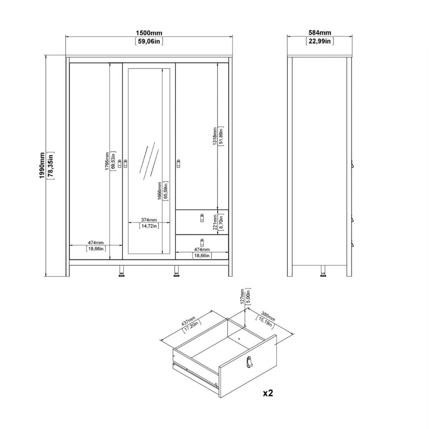 Madrid Wardrobe with 2 doors 1 mirror door + 2 drawers Matt Black