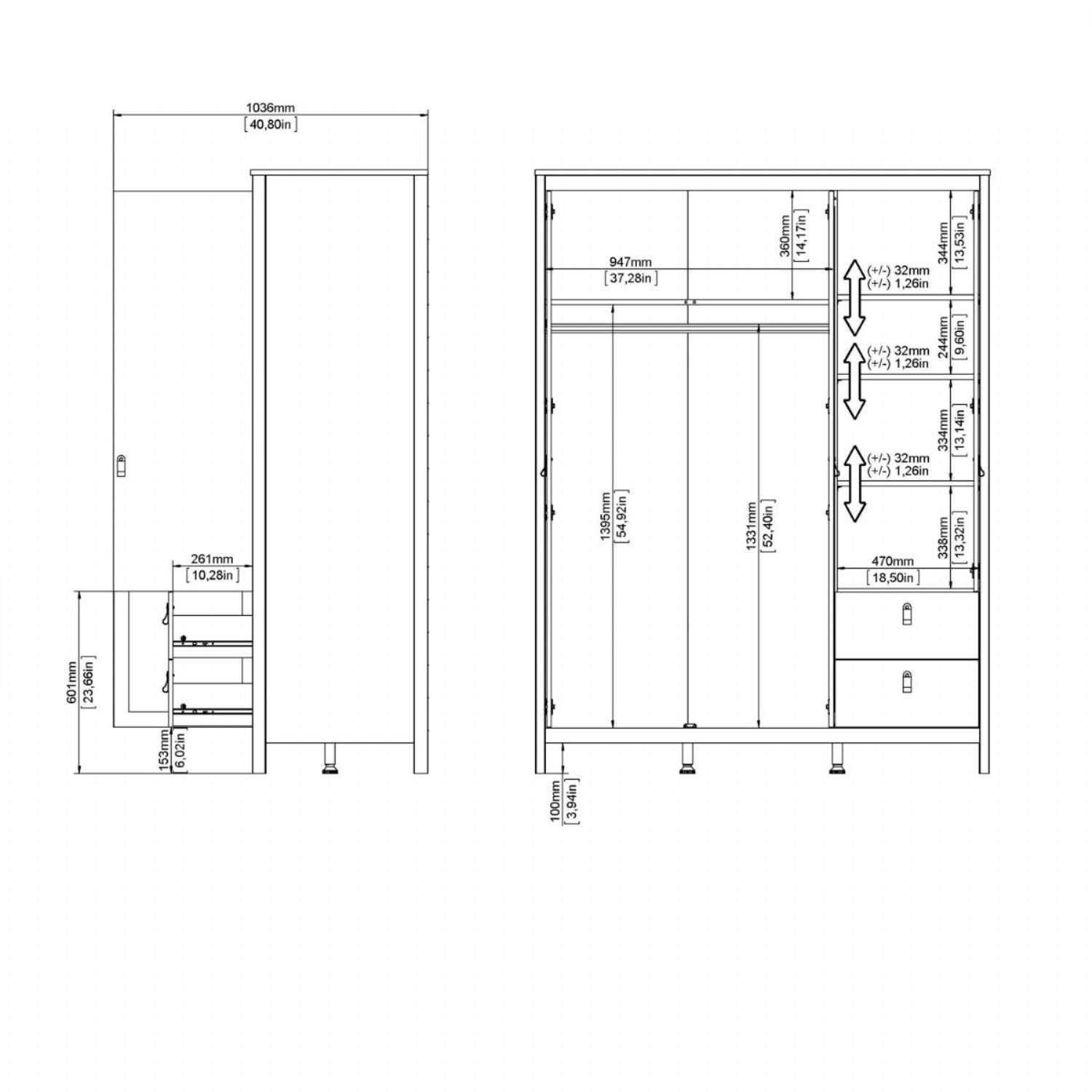 Madrid Wardrobe with 2 doors 1 mirror door + 2 drawers Matt Black
