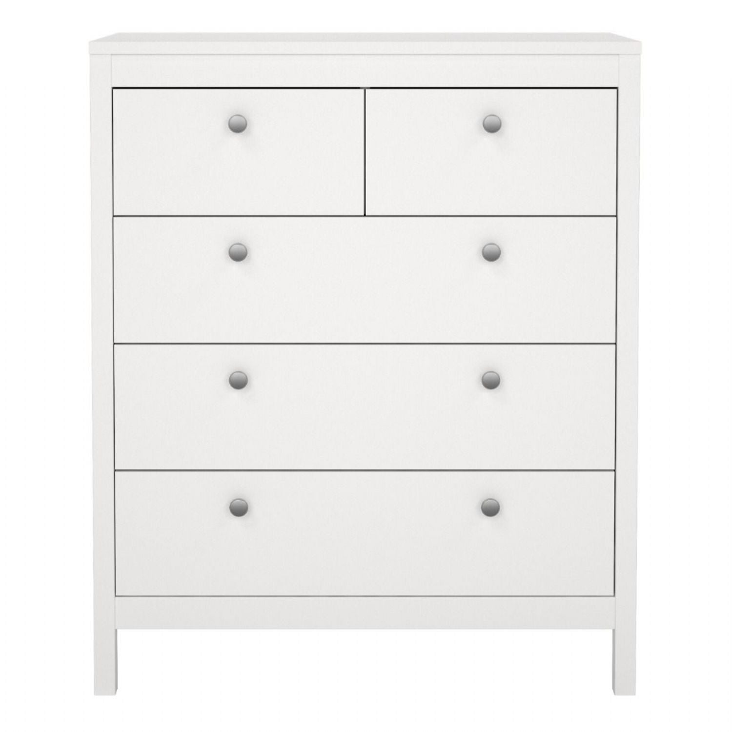 White 5 Drawer Chest With Round Metal Knobs