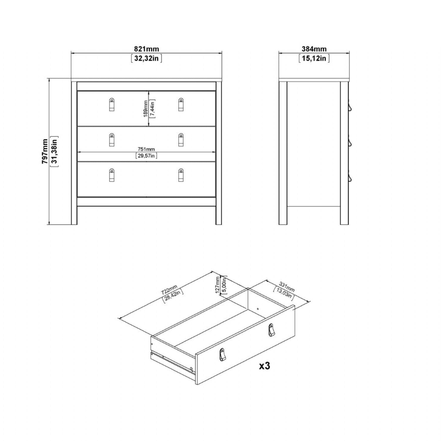 Wide Matt Black 3 Drawer Chest With Metal Handles