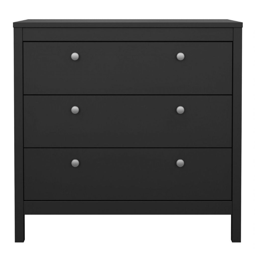 Wide Matt Black 3 Drawer Chest With Metal Handles