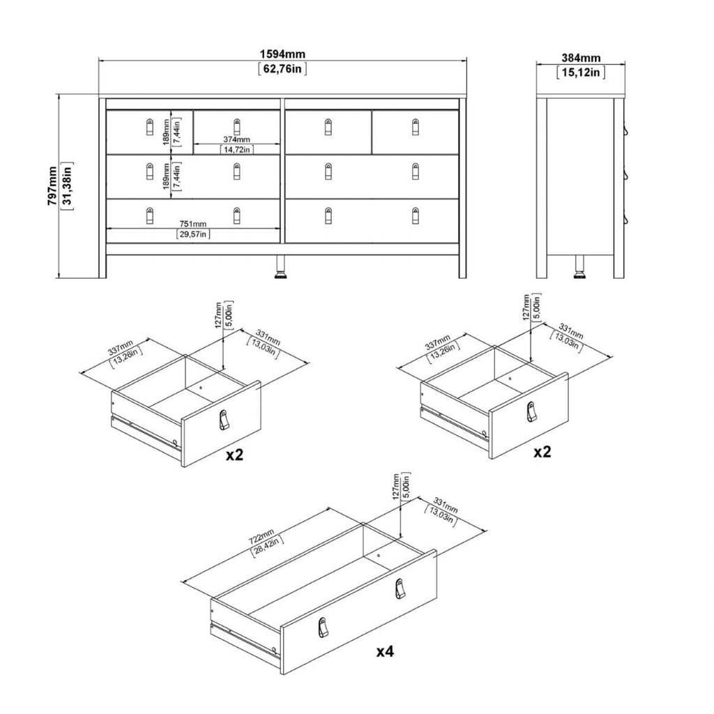 Wide White 8 Drawer Double Dresser With Metal Knobs 79.7x159.4x38.4cm