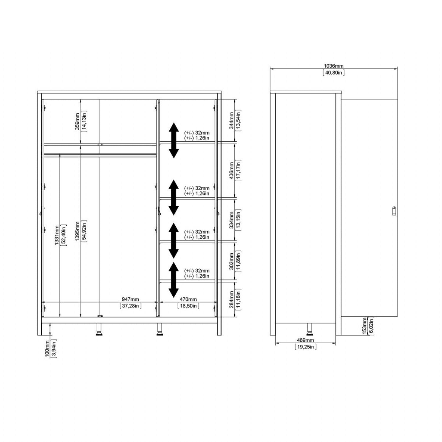 Large White 3 Door Triple Wardrobe 200cm Tall x 150cm Wide