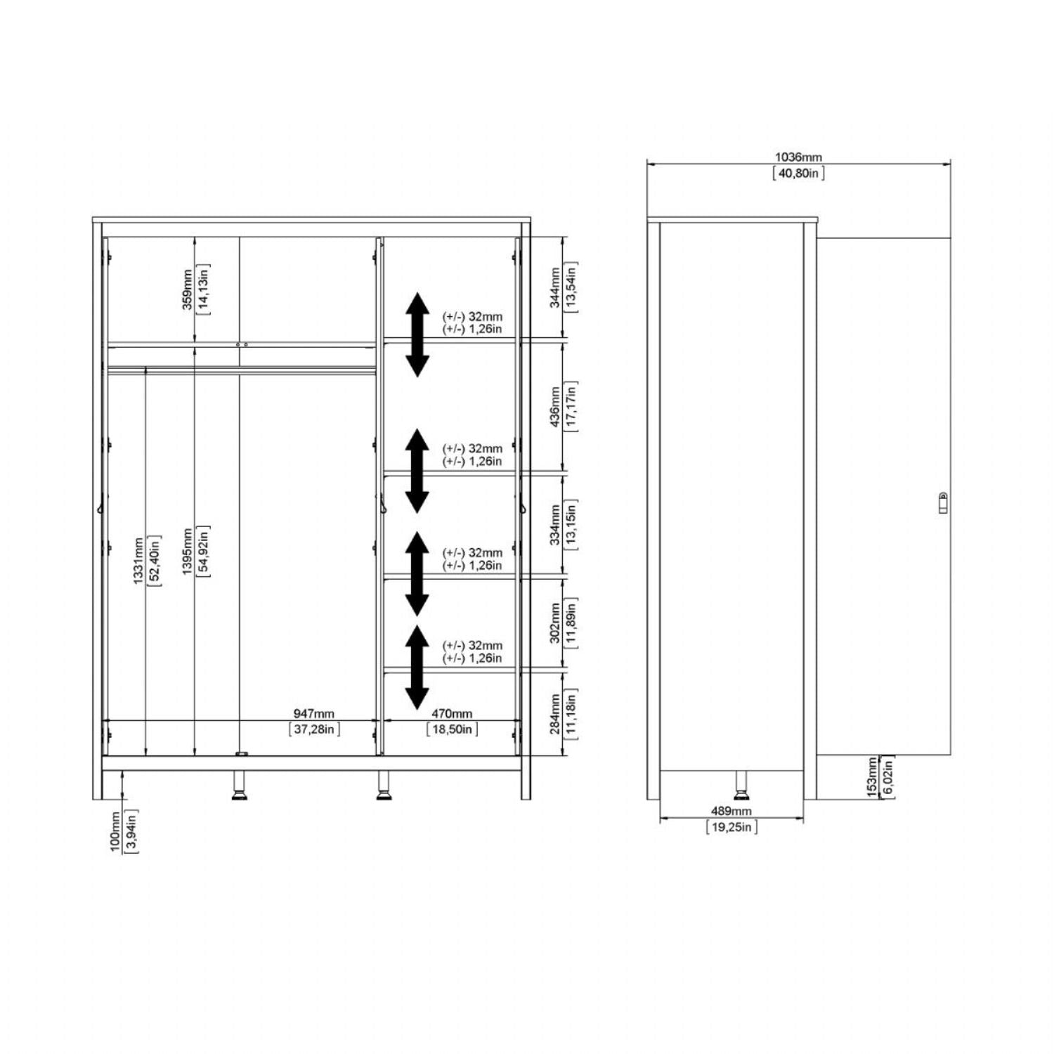Matt Black 3 Door Triple Wardrobe with 5 Shelves