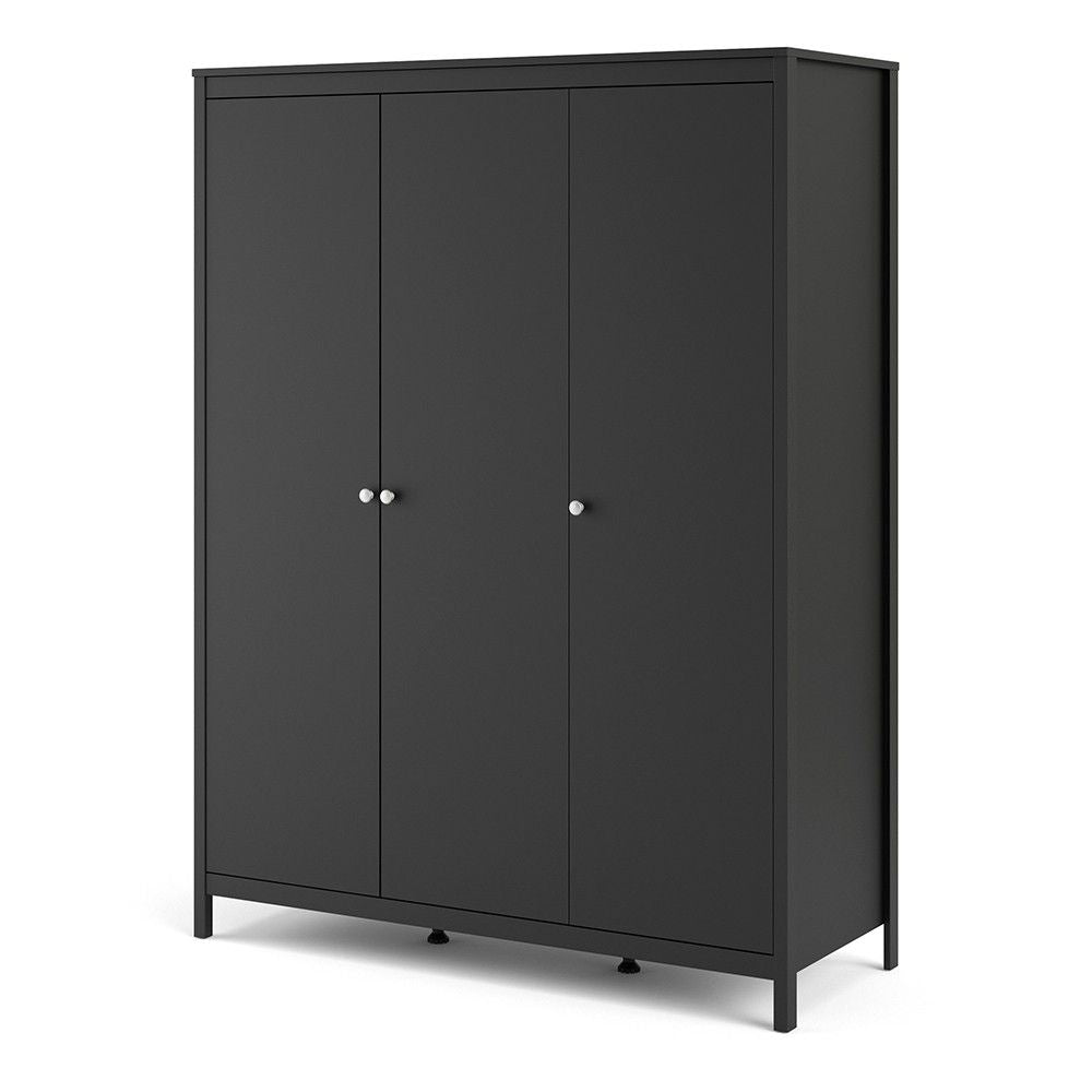Matt Black 3 Door Triple Wardrobe with 5 Shelves