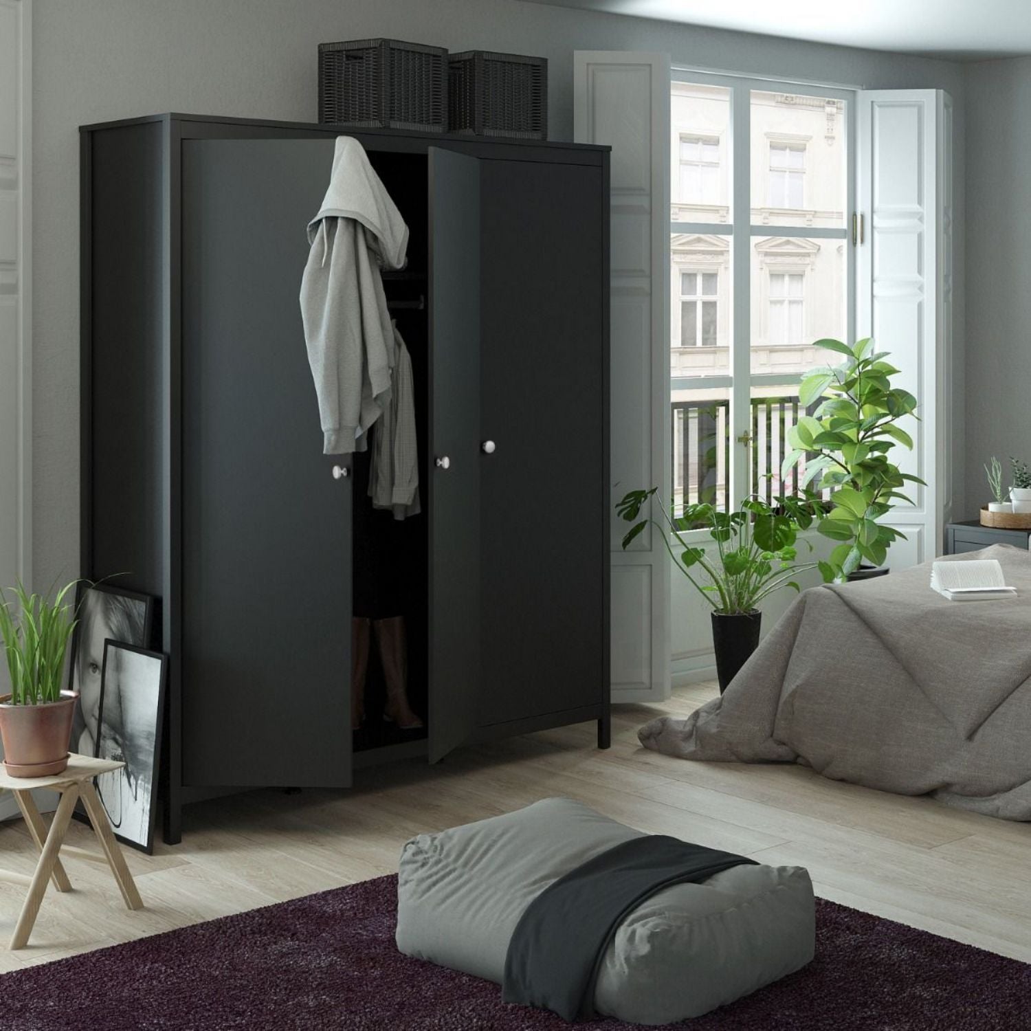 Matt Black 3 Door Triple Wardrobe with 5 Shelves