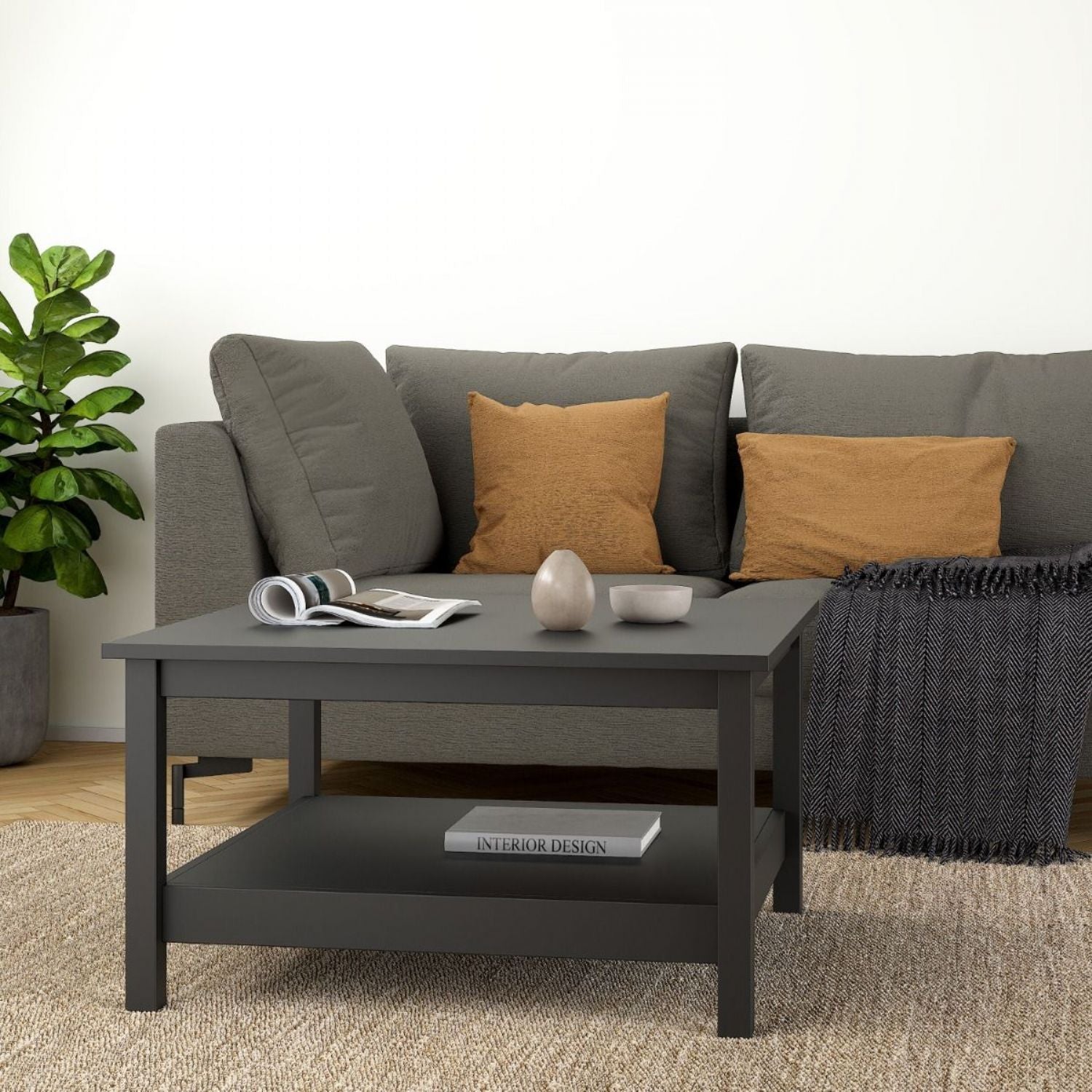 Modern Low Matt Black Open Shelf Coffee Table