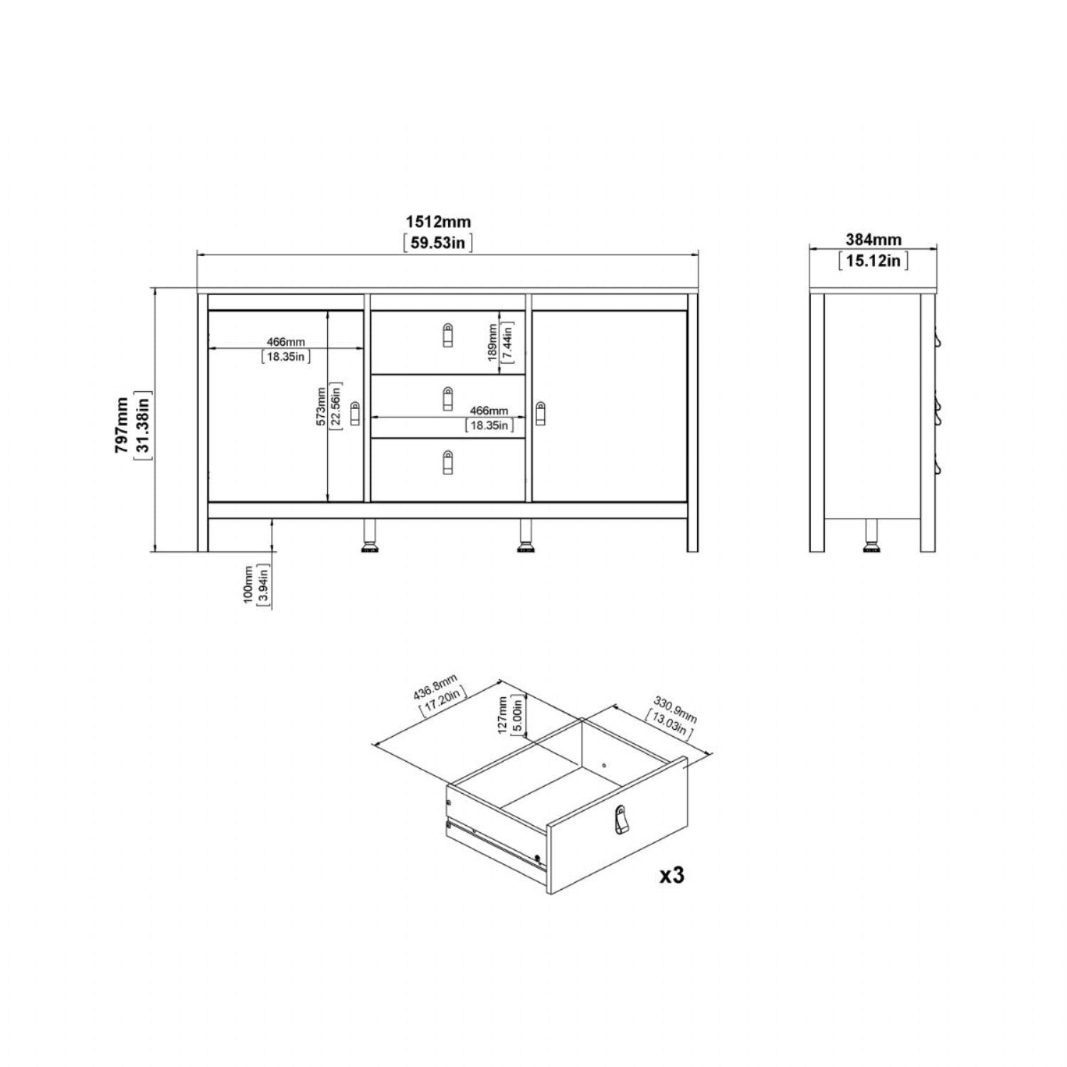 Madrid Sideboard 2 Doors 3 Drawers in Jackson Hickory Oak