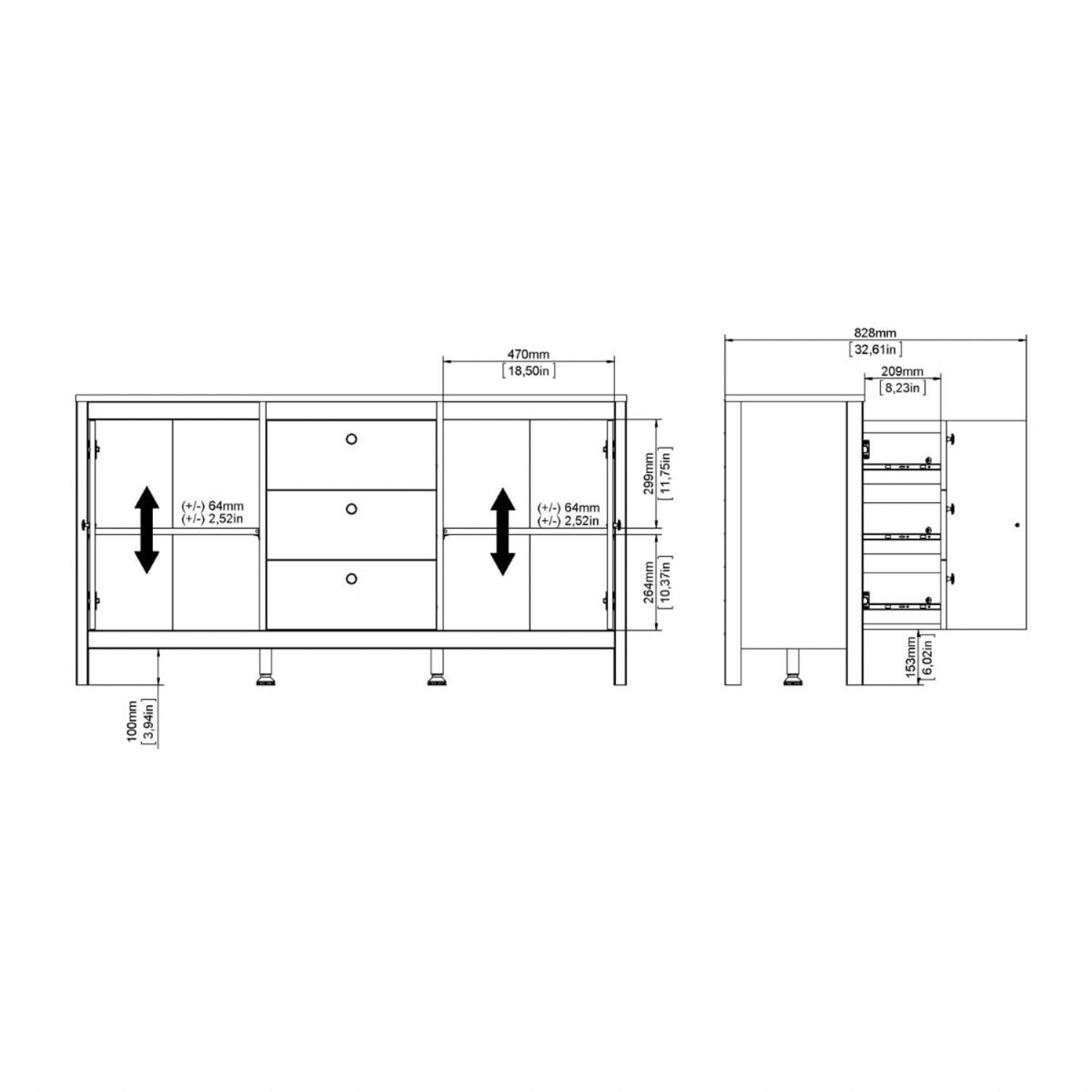 Madrid Sideboard 2 Doors 3 Drawers in Jackson Hickory Oak