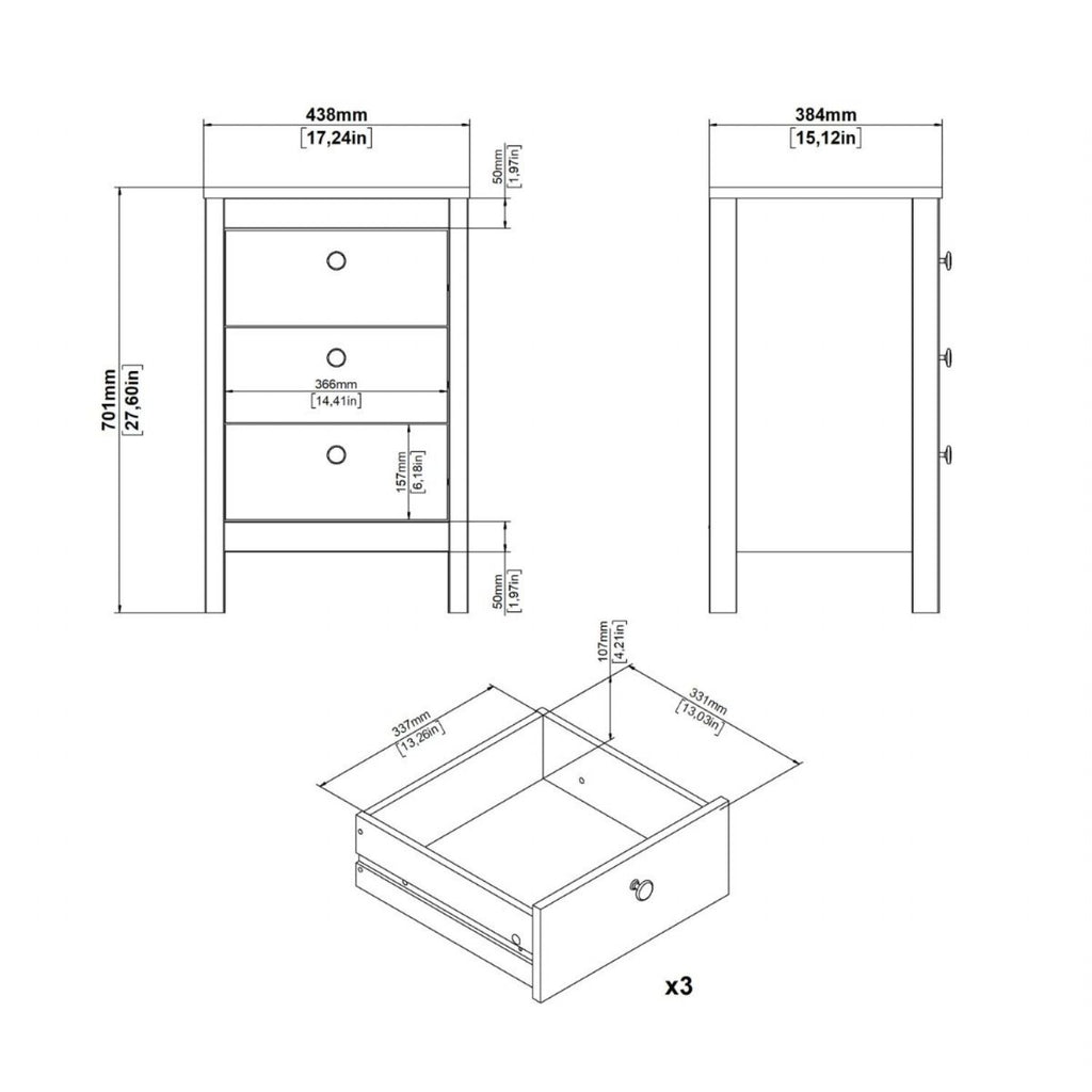 Madrid Bedside Table 3 Drawers in White