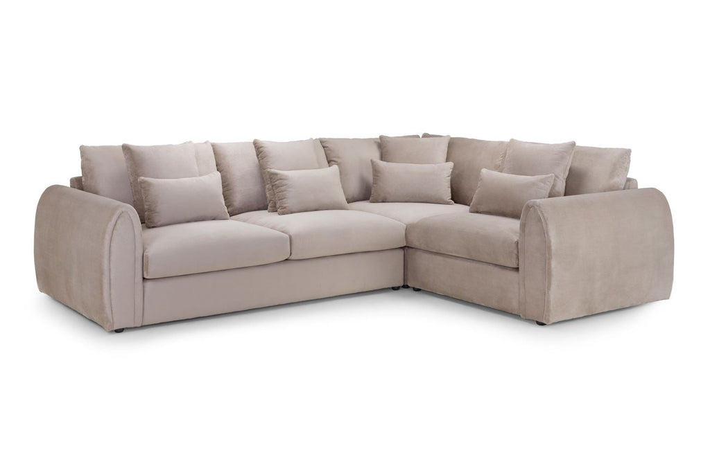 Mocha velvet right-hand-facing corner sofa on a white background