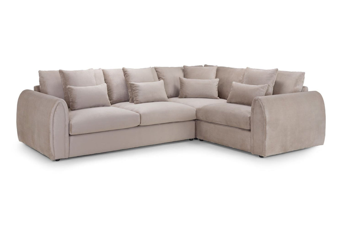 Mocha velvet right-hand-facing corner sofa on a white background