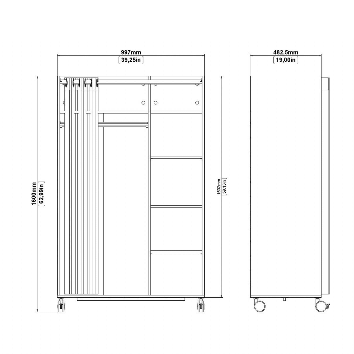 Uppsala Open Mobile Wardrobe Unit in White with a Beige Textile Curtain on Wheels