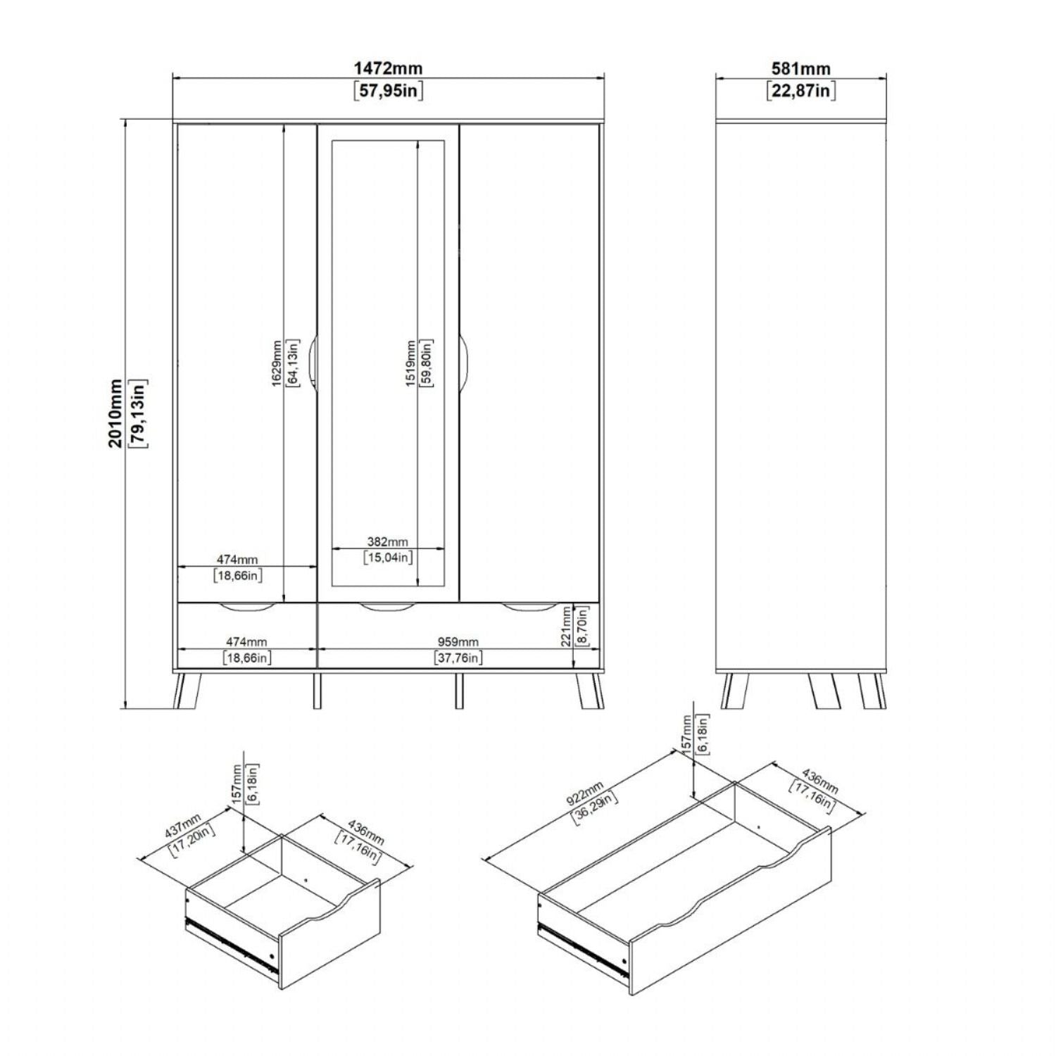 Ikast Wardrobe 3 Doors and 2 Drawers with Mirror in Jackson Hickory and White