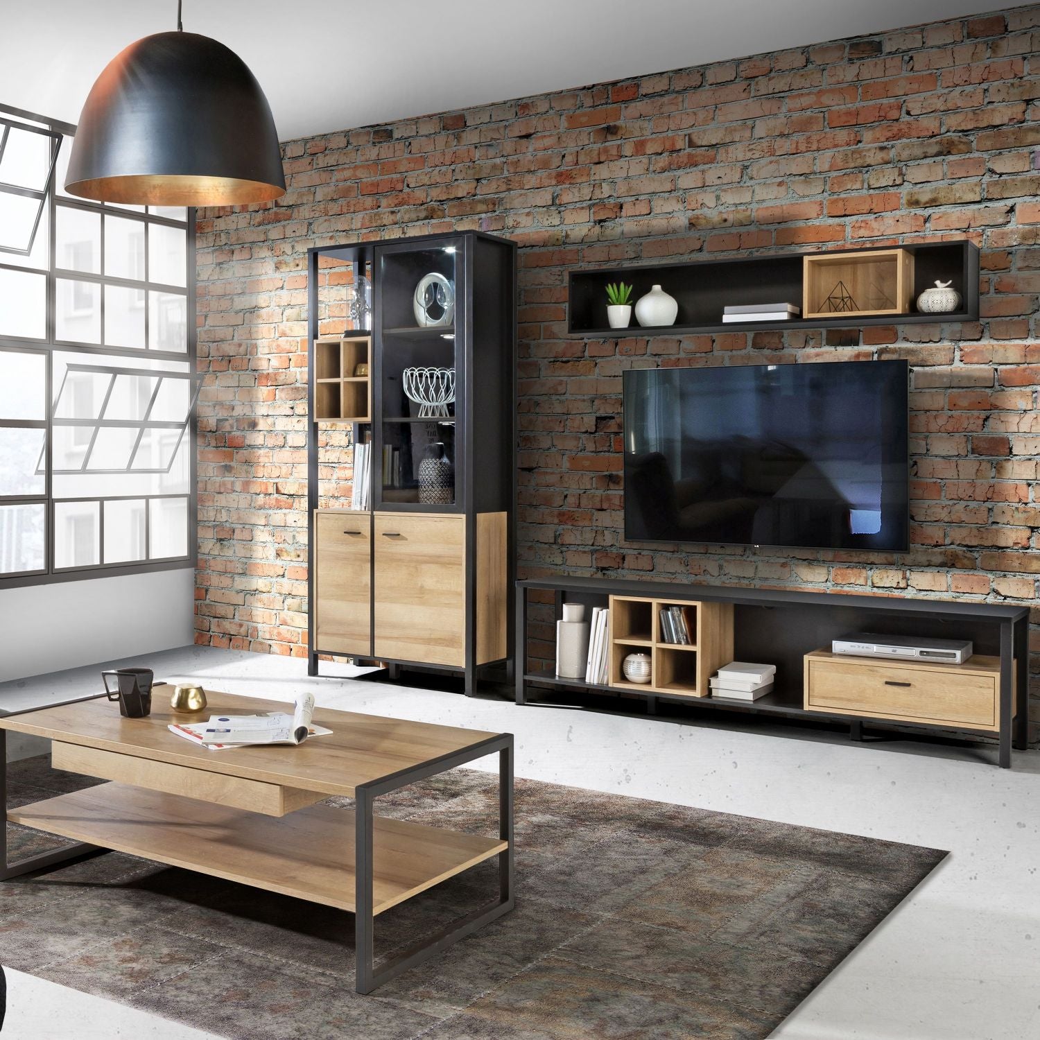 High Rock Wide TV Unit in Matt Black Riviera Oak