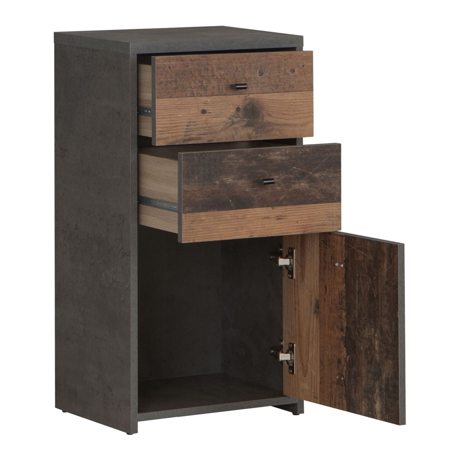 Best Chest Storage Cabinet 2 Drawers 1 Door in Concrete Optic Dark Grey Old Wood Vintage